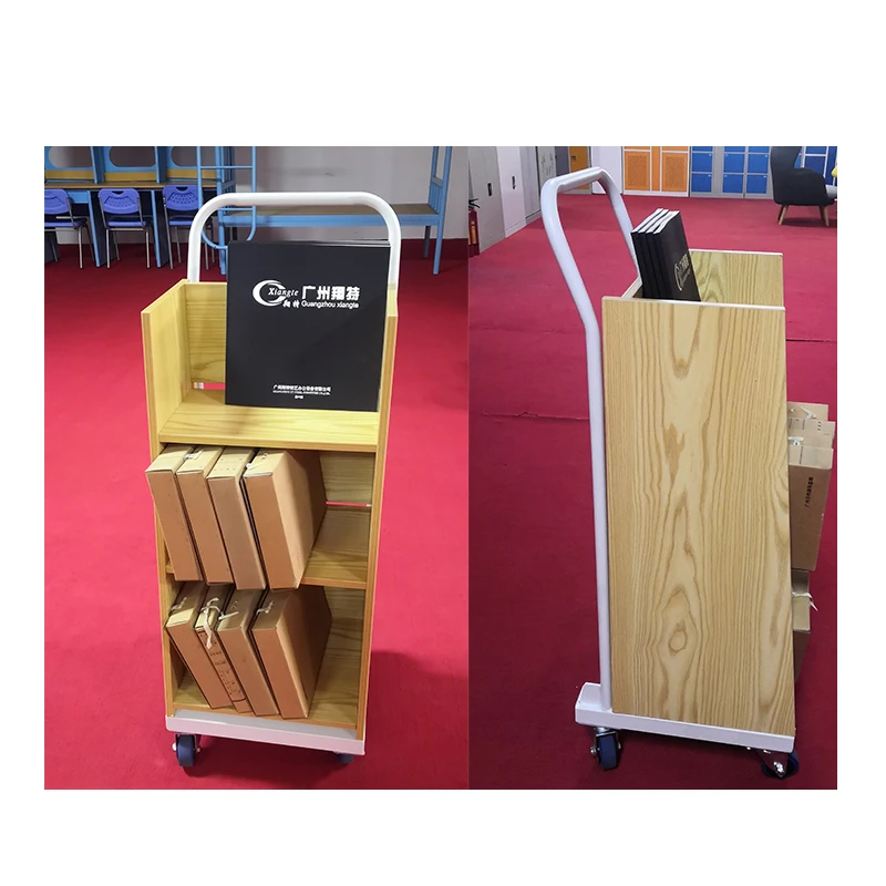 
Library Furniture Mdf Wooden Storage Single Sided Mobile Metal Steel Rolling Modern Book Cart 