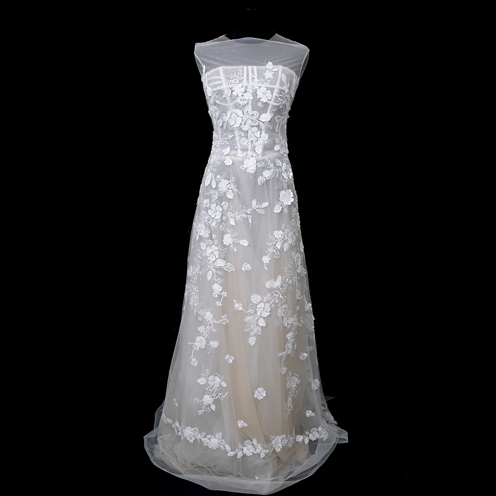 Yanzi Fashion 3D Flower Embroidery Beaded Sequin Lace Fabric By Yard White Mesh Dress Couture Bridal Veil Wedding Lace