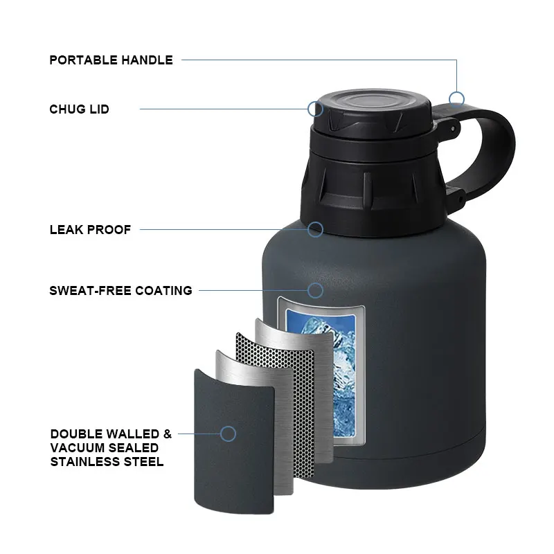 Hot selling 64oz Hot-Selling Outdoor Custom 304SS Insulated Beer Growler Beer Tumbler Custom Logo Color Leak-Proof Lid