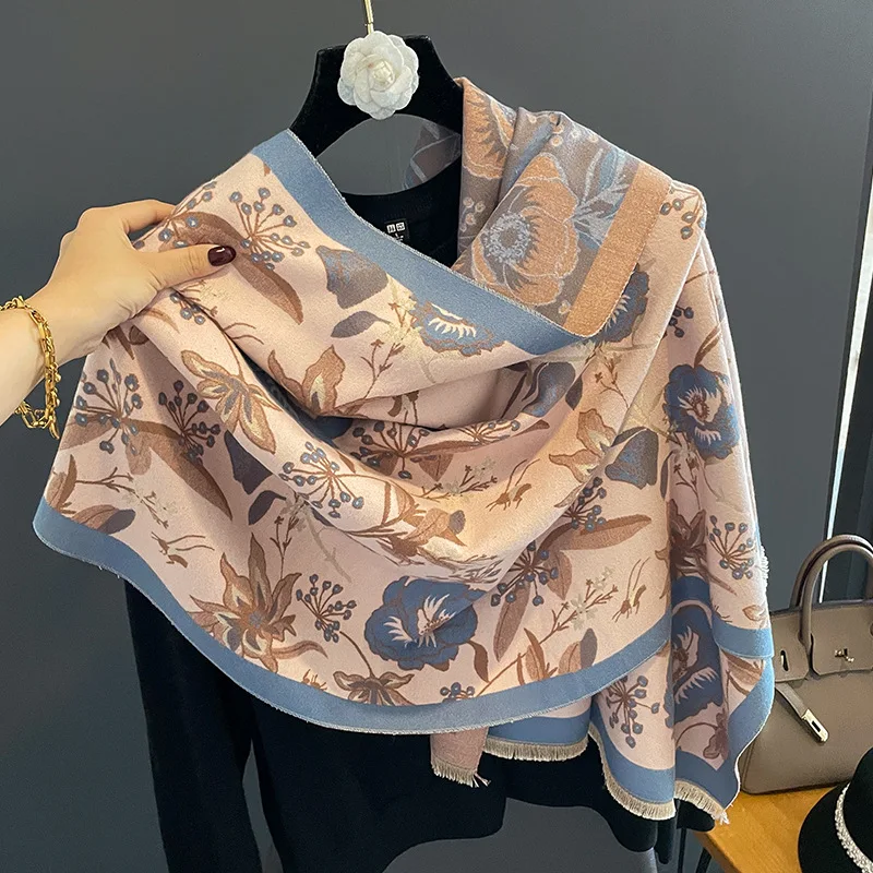 Manufacturer luxury winter warm thick cashmere scarf women stylish Flower pattern designer winter cashmere shawls pashmina scarf