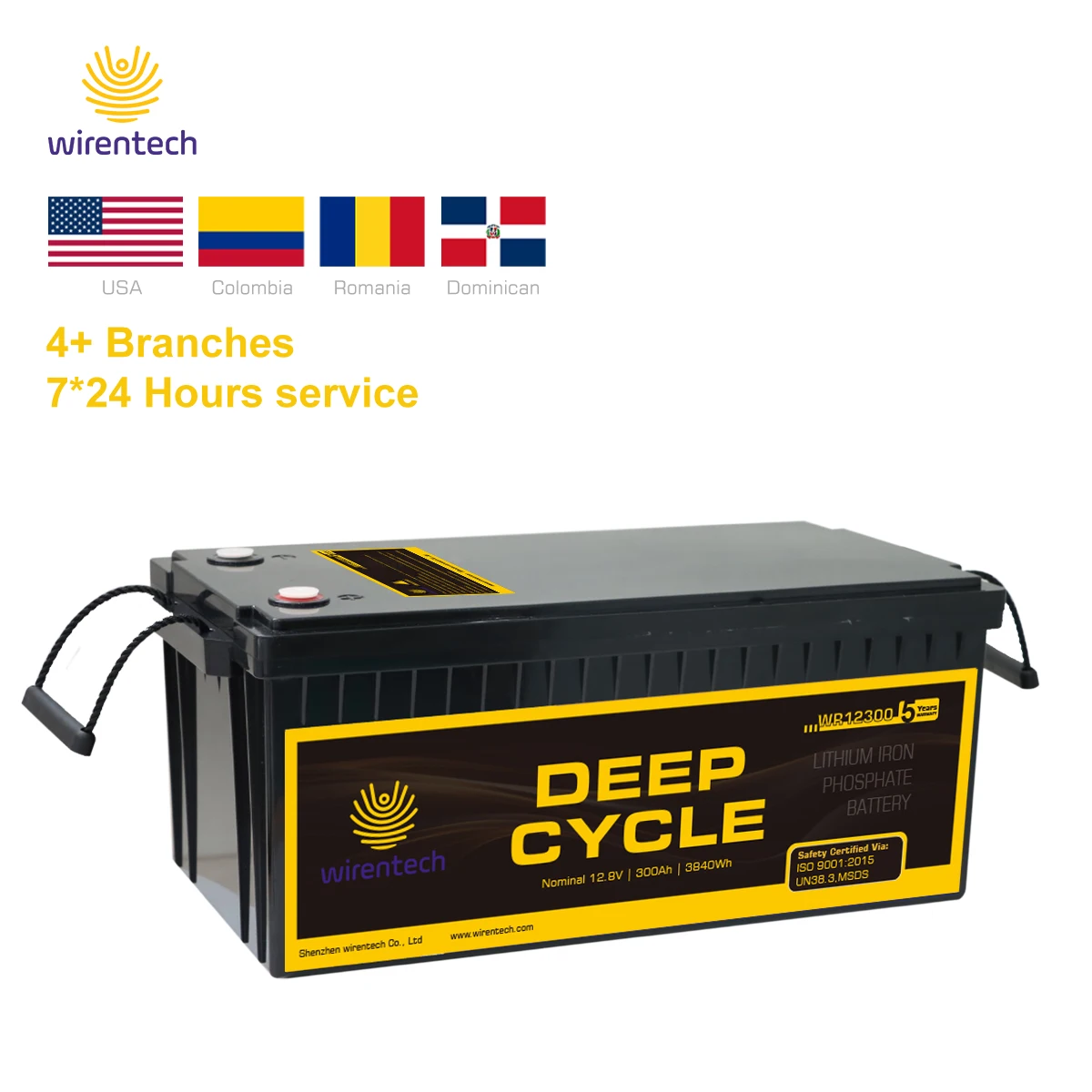 Wirentech 12V 300Ah 400Ah Lithium Ion Battery Lifepo4 Deep Cycle Home RV Truck Use BMS Protection IP65 plastic case