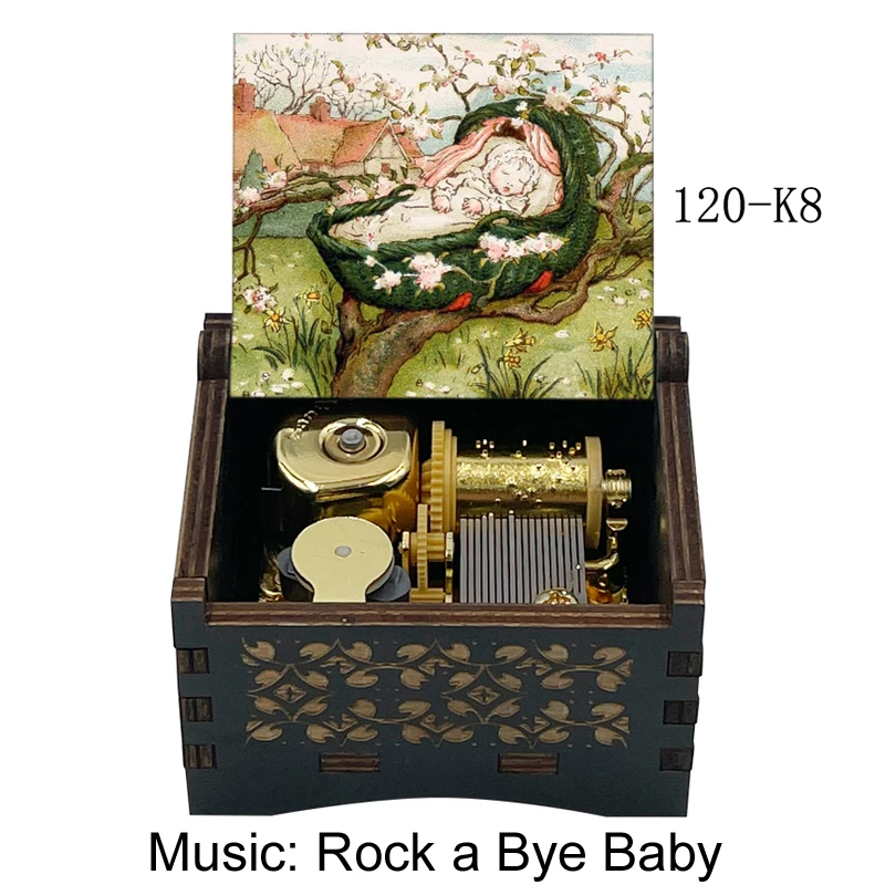 Пользовательские фотографии Rock a bye baby музыкальный Золотой механизм музыкальная шкатулка заводная деревянная подарочная коробка