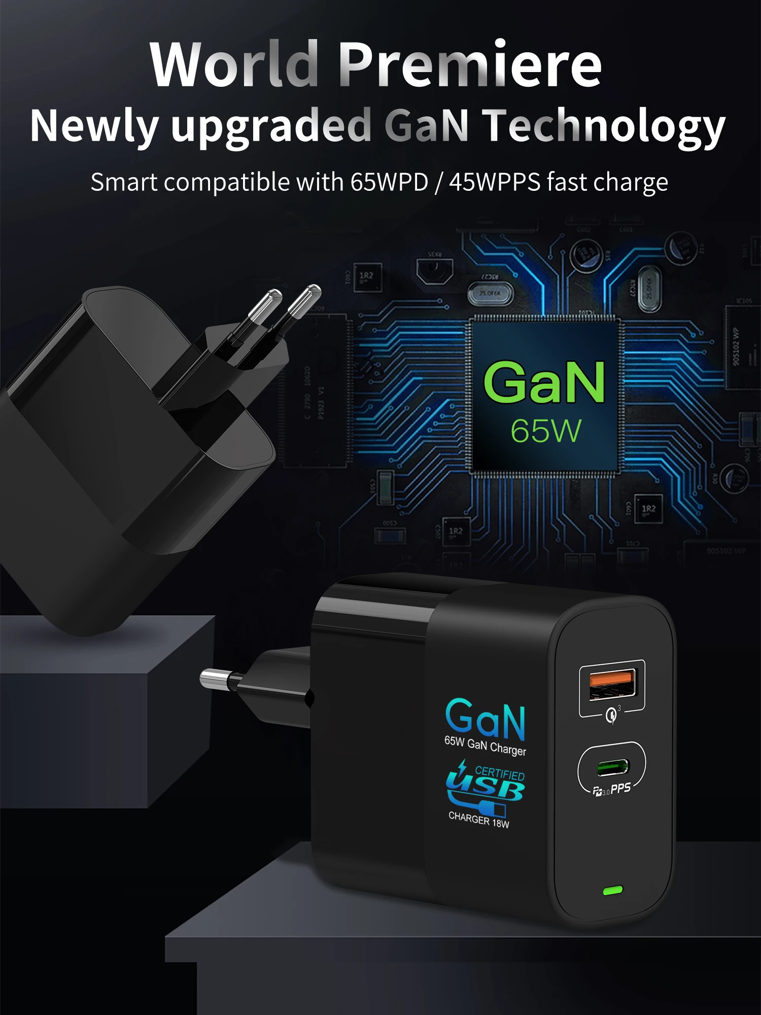 HUNDA 2020 new products GaN Tech 2 ports PD Charger Type C 65W replaceable US/AU/UK plug Usb 3.0 charger for laptop Adapter