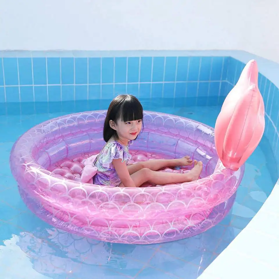 2 Rings Pink Inflatable Mermaid Tail Water Pool Home Round Swimming Pool Multi Size for Garden Summer Outdoor Kids Toys