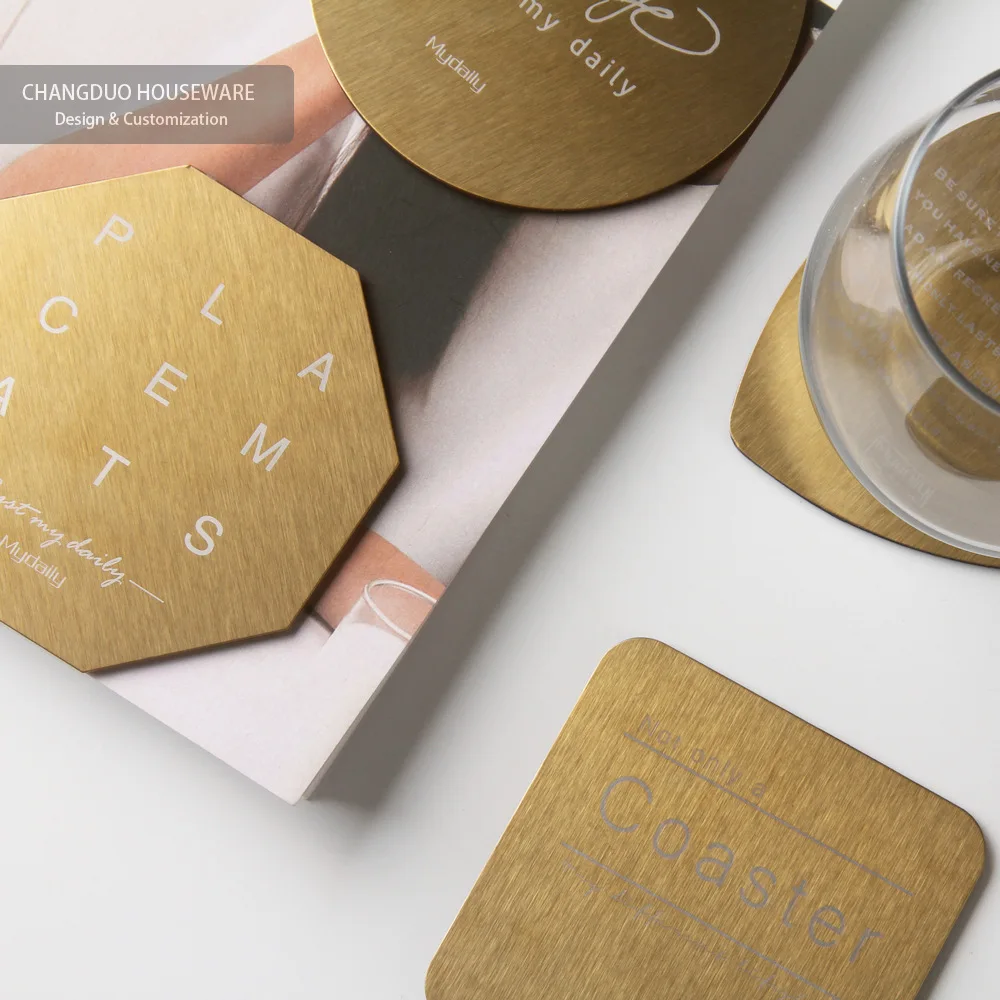 INS letter print insulated metal coaster bar hotel nordic stainless steel geometry coaster gold