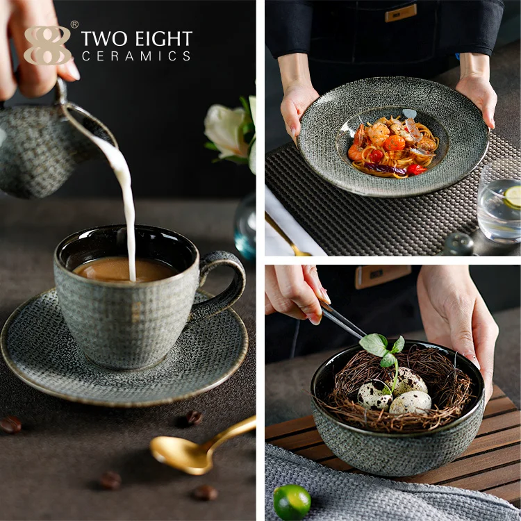 Two Eight New Design Glaze Grey Ceramic Tableware Set Porcelain Dinner Set For Restaurant Plate Set Dinnerware Catering Plate
