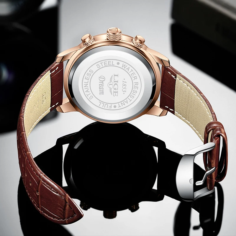 LIGE  Men Casual Quartz Watches Clock Leather Waterproof Chronograph Date Watch + Gift Box