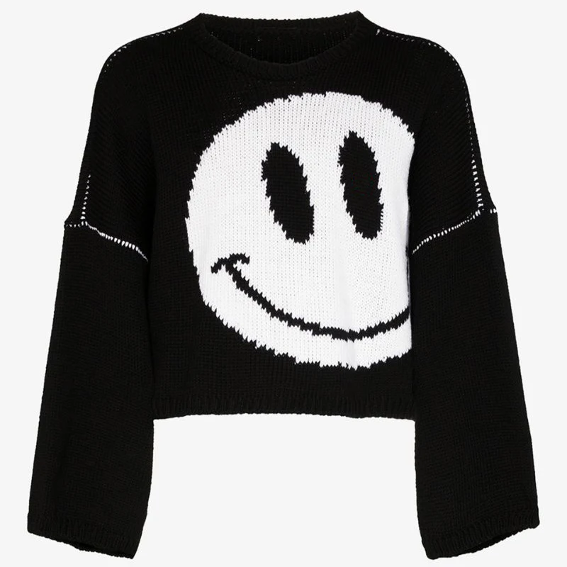 custom logo 100% virgin wool oversized crew neck cropped men sweater knitted pullover designer smiley intarsia knit sweater men