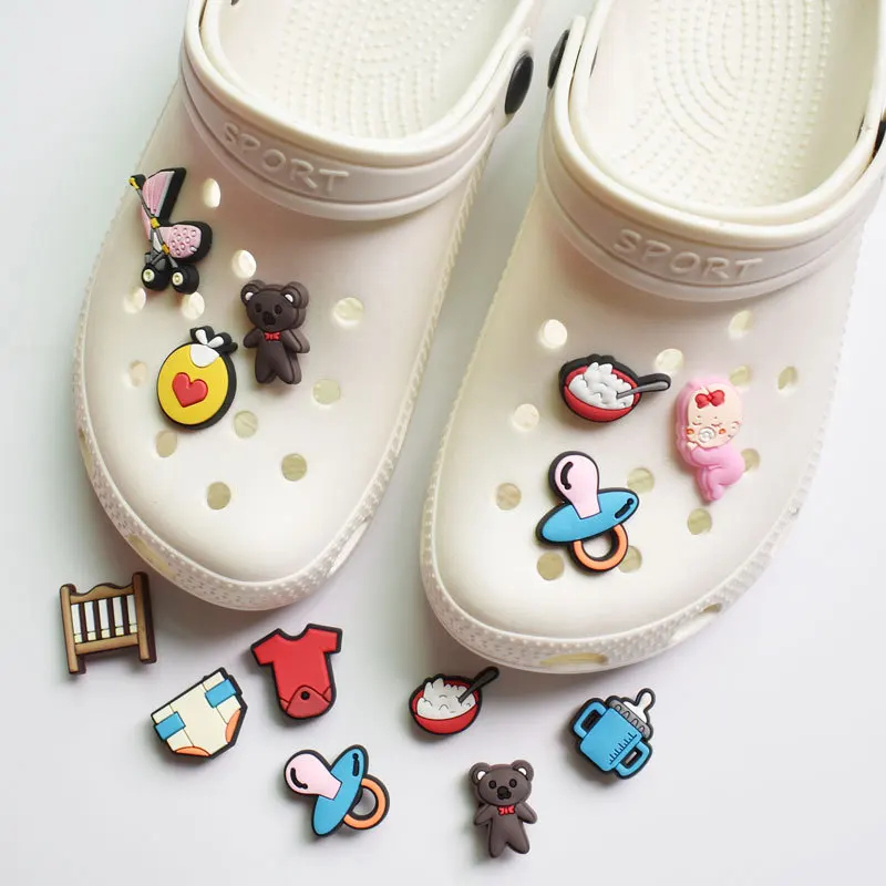 Wholesale Mexican Logos Cute Little Bear Baby Rice Food Milk Bottle Pvc Bling Designer Cartoon Garden Buckle Shoe Charms