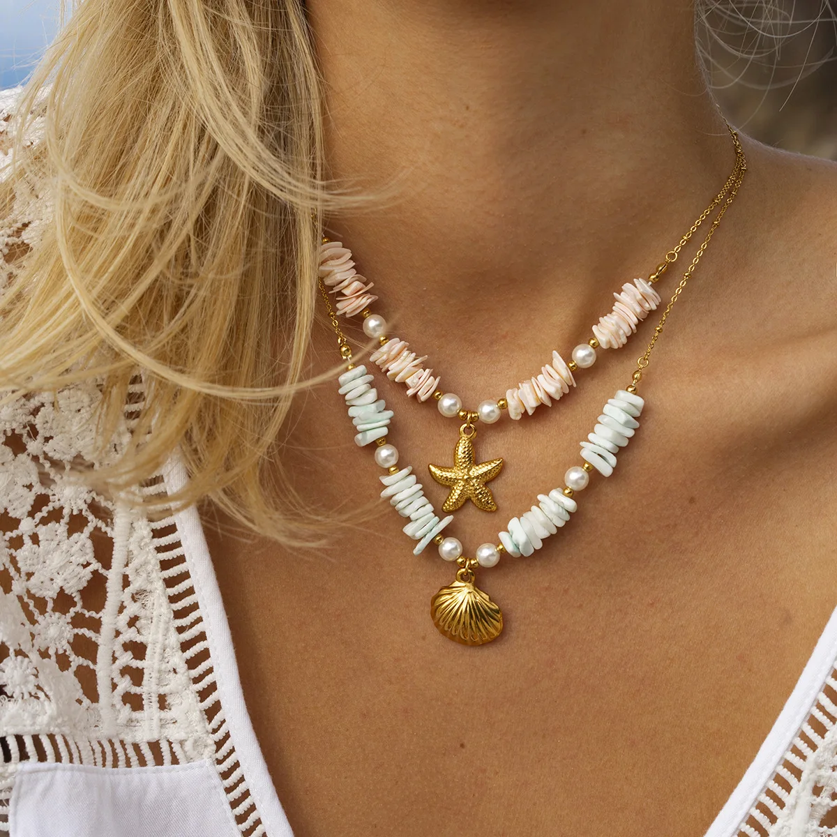 Rice Bead Chain 18K Gold Shell Sun Starfish Summer Beach Necklace  Turquoise Pendant Irregular Mother of Pearl Necklaces