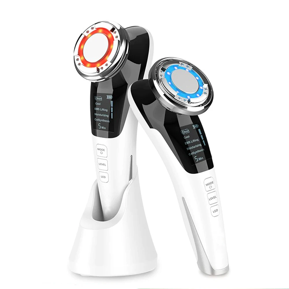 Ionic Hot Cold Facial Massager EMS Vibrating Red Blue Lights Skin Rejuvenation Face Firming Facial Toning Device