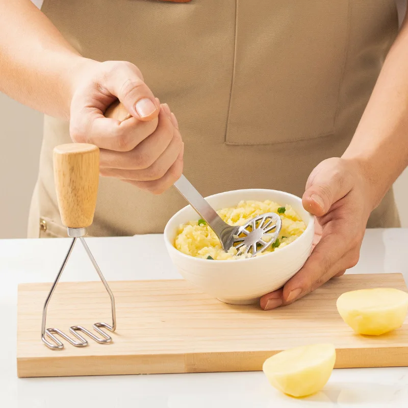 Stainless steel Potato and Vegetable Masher Press with wooden handle for Avocado fruit baby food masher mini kitchen gadgets
