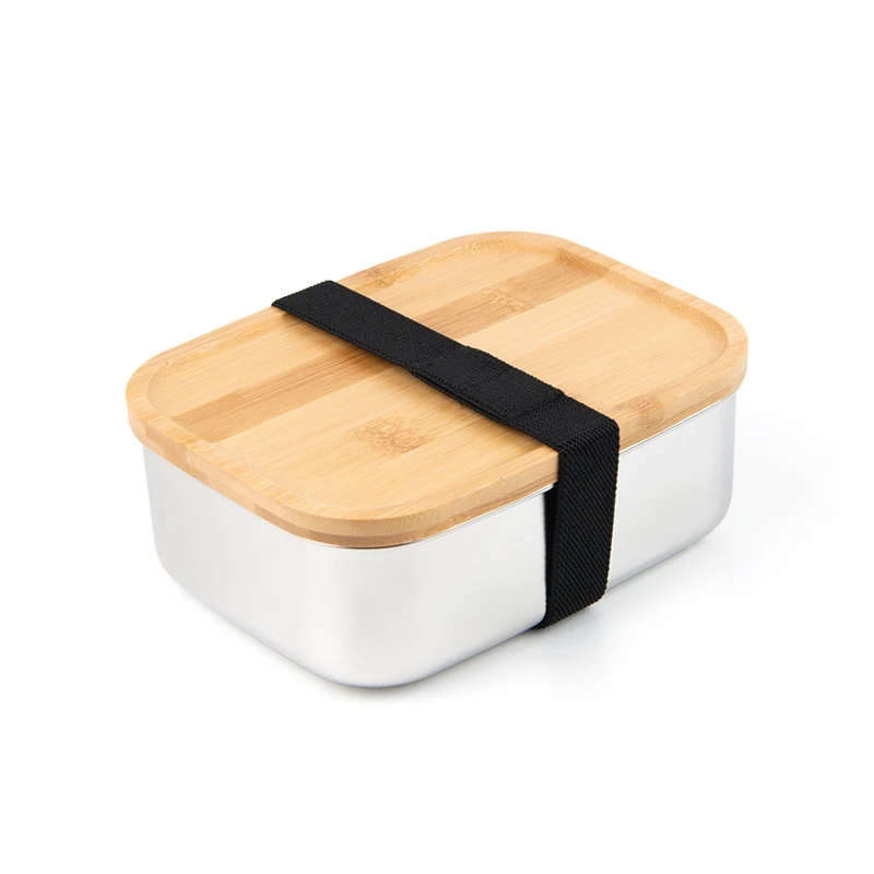 Wholesale Stainless Steel Lunch Box with Bamboo Lid Portable One Compartment Custom Logo Bento Box for School Office Picnic