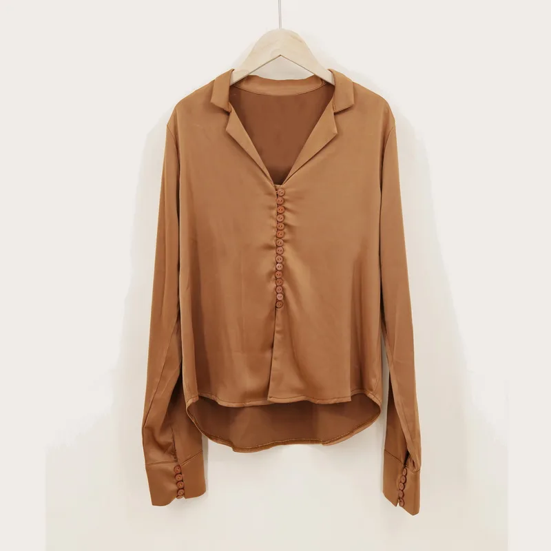 
Ladies Elegant Sexy Deep V-neck Silk Long Sleeve Casual Shirt Women Blouse Top 