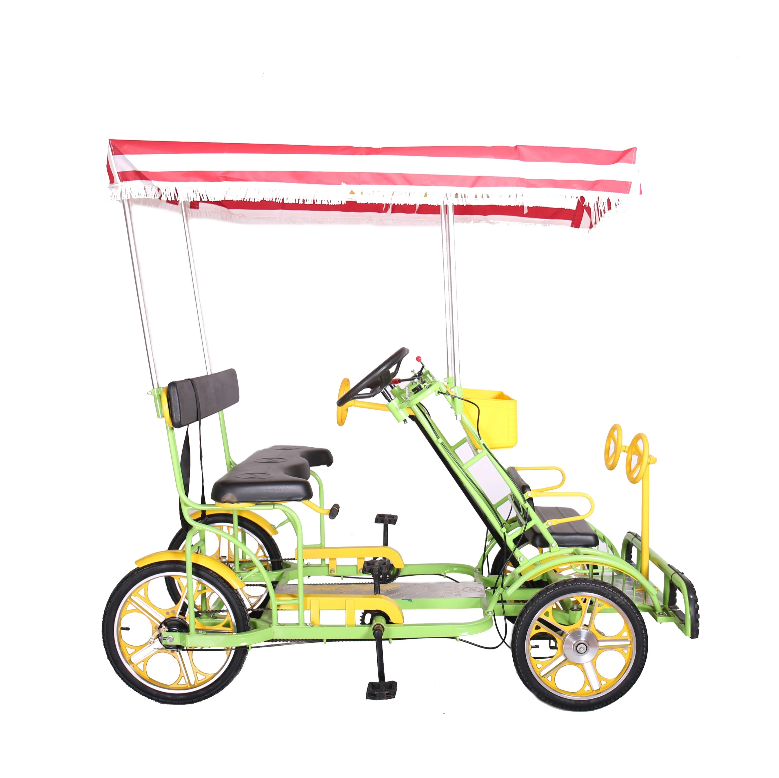 Hot sale 2 seats   4 wheel  2 person blue red pink green  tandem surrey bike for family rental sightseeing in park