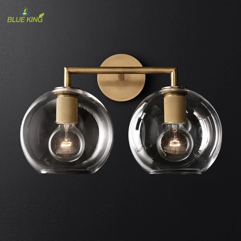 Modern hotel restaurant antique brass wall sconces for interior double lights glass ball fancy lights for home wall