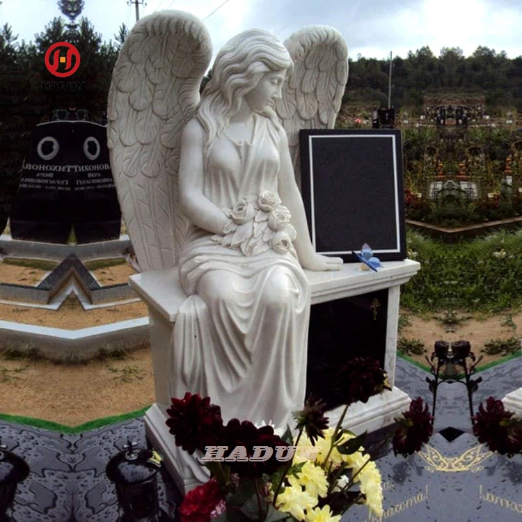 Factory Custom Sitting Angel Statue Bench Marble Headstone Monument
