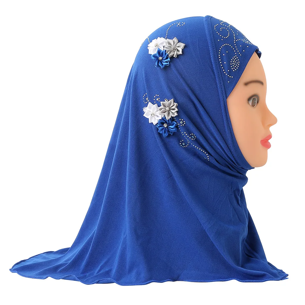 Fashion Arab Children Girls Turban Head Hijabs Muslim Kids 2-6 Years Old Ready To Wear Flower Diamond Beaded Kids Hijabs Scarf