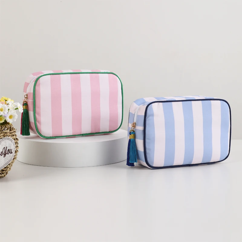 Cosmetic Bag Organizer Make Up Bags For Women Wedding Gift Canvas Stripe Travel Toiletry Bag