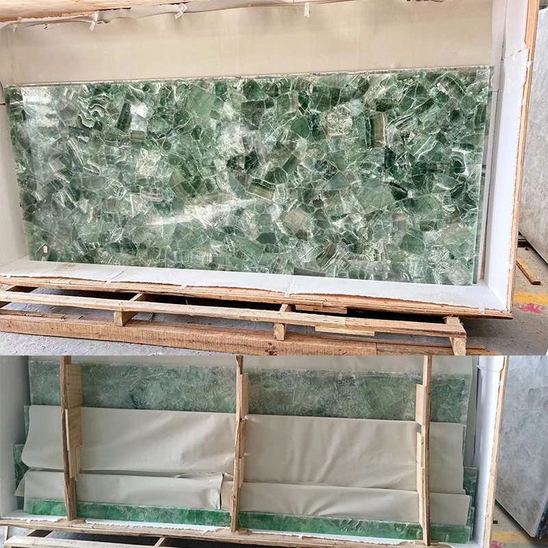 Polished Natural Backlit Translucent Fluorite Stone Green Crystal Quartz Slabs