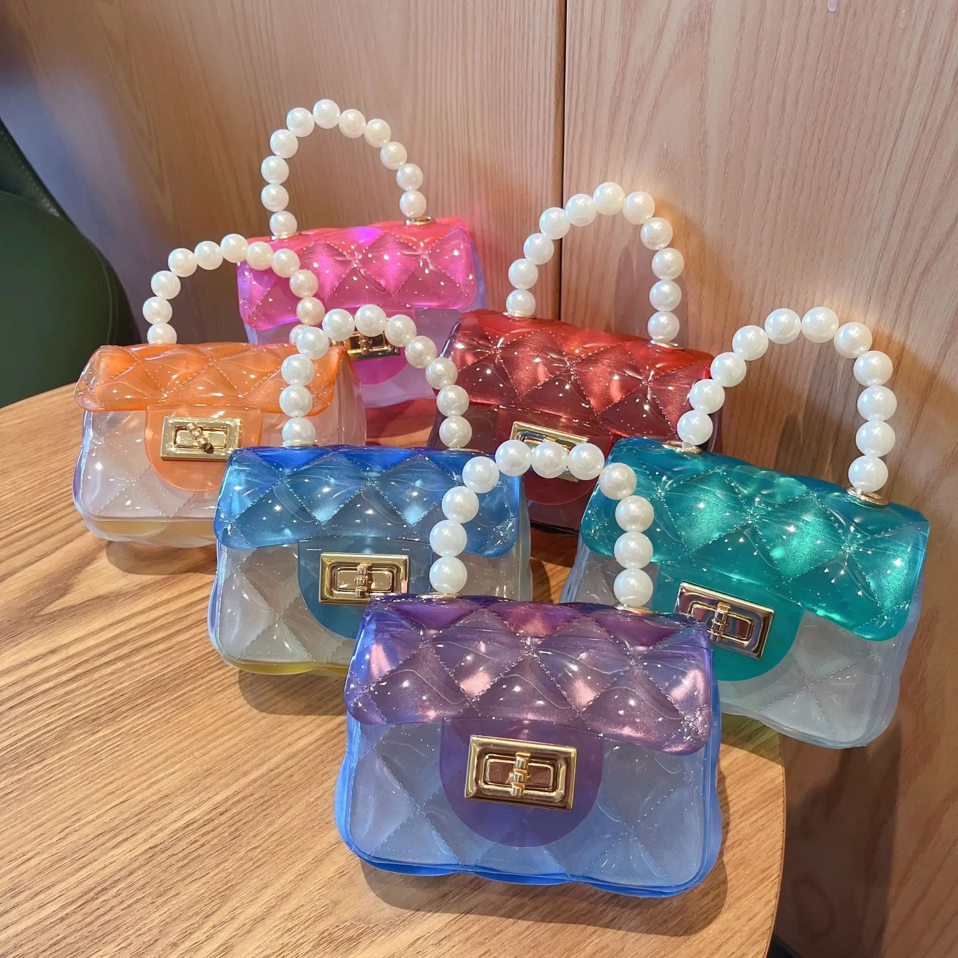 Little Girls PVC Jelly Purses Pearl Handle Cute Crossbody Chains Shoulder Bag Summer Kids Mini Handbag