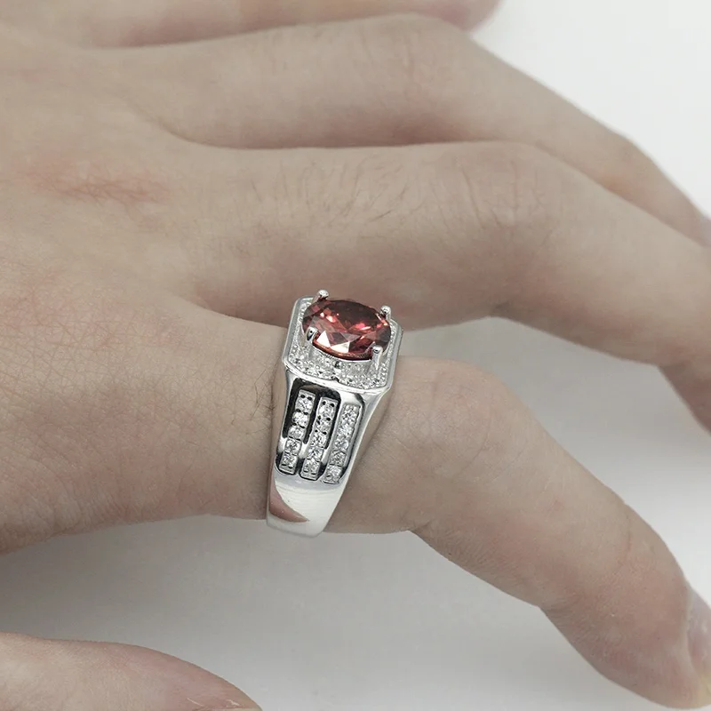 Malaysia 925 Pure Silver Big Red Stone with Clear Zircon Men Rings White Gold Plated Engagement Ring For Men Women Jewelry Ring