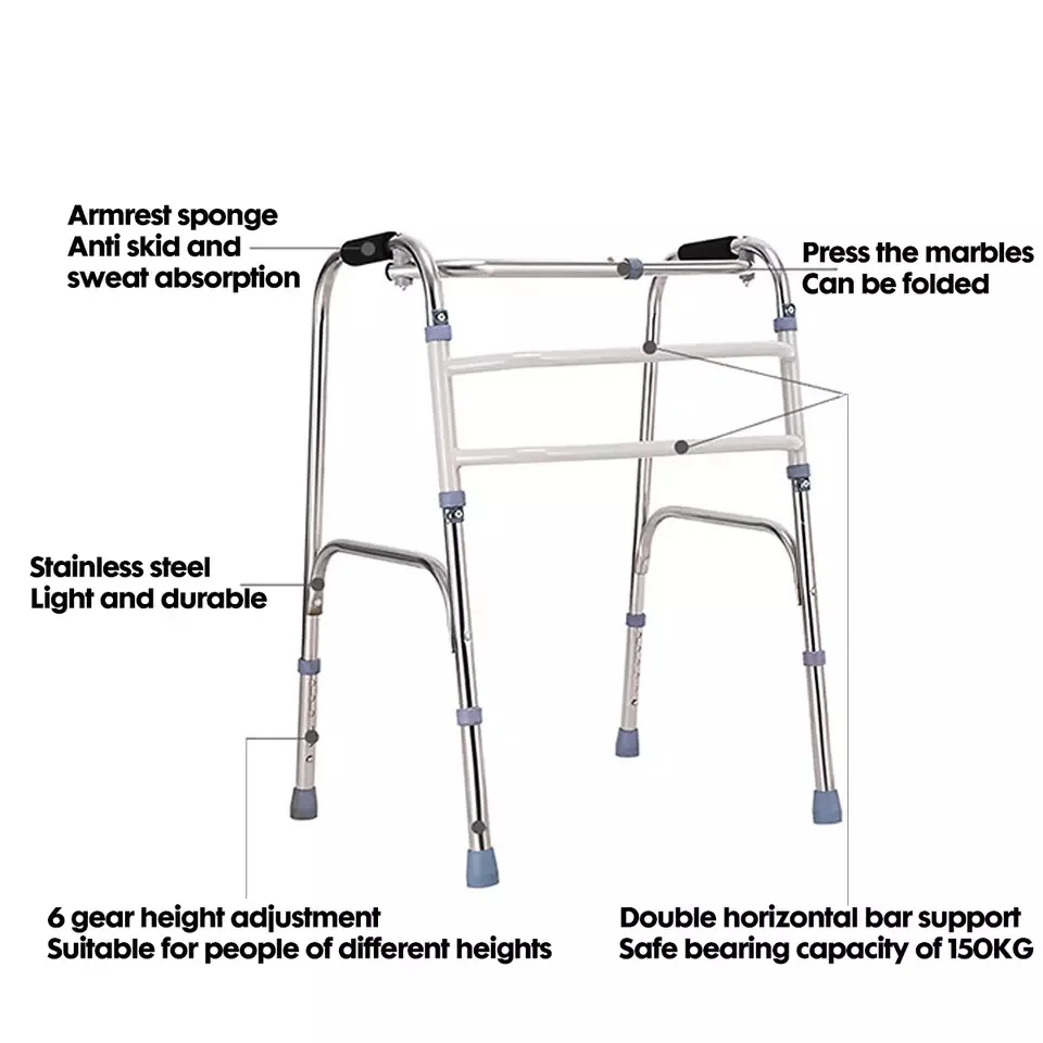 Elderly Foldable Walker Adjustable Height Walking Stick For Disabled Mobility Walking Aids Stainless steel walker