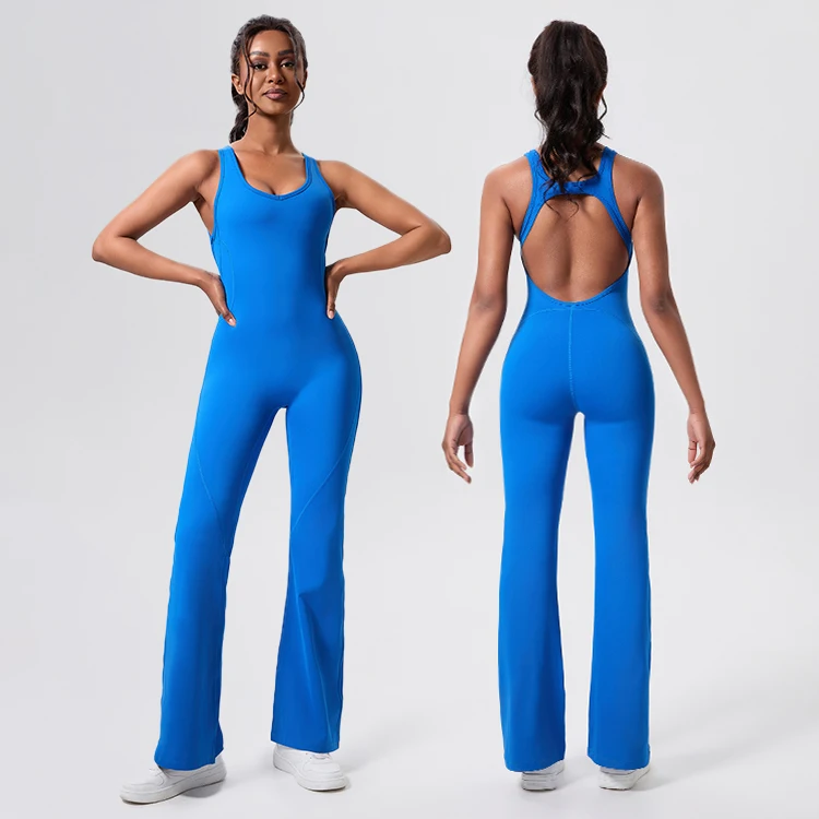 Women Fitness Skinny Yoga Flared Leggings Jumpsuits One Piece Flare Bodysuit Loose Leg Gym Sports Tight Workout Jumpsuit