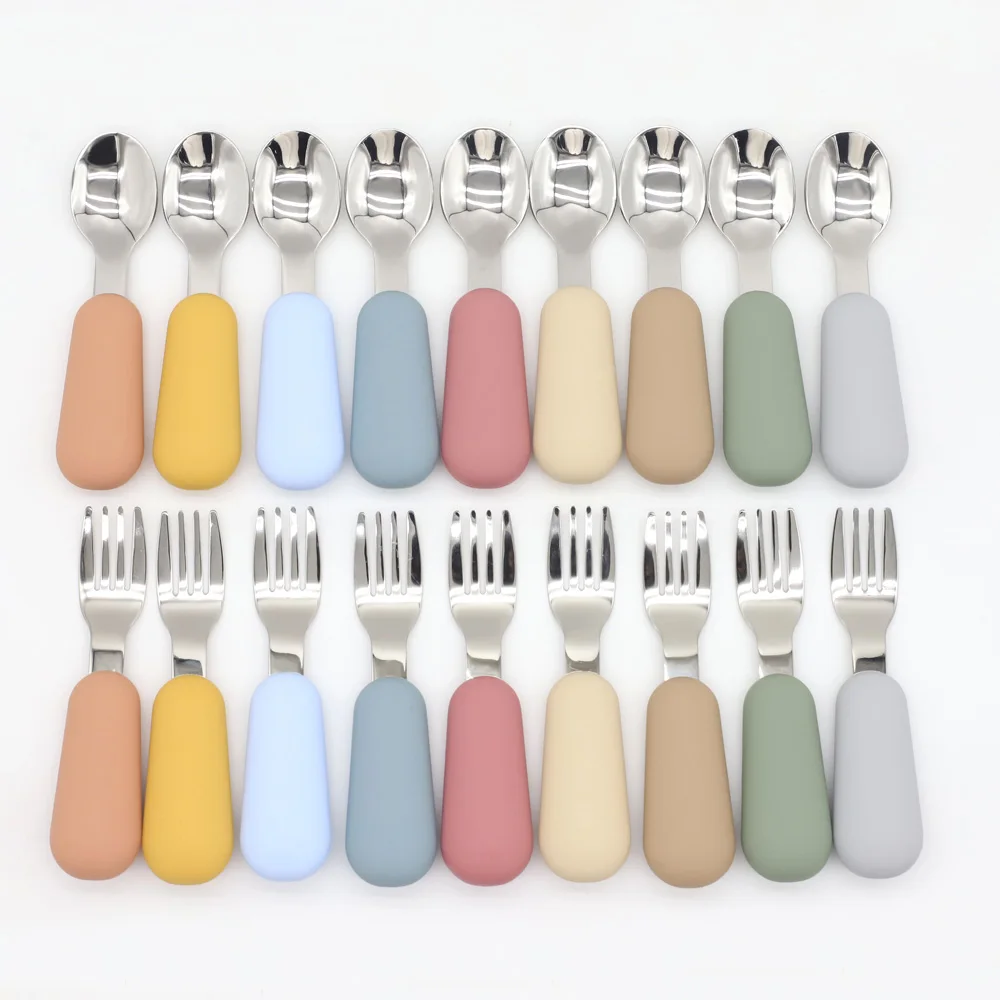 Hot Sale Safety BPA Free Cucharas Set Mini Feeding Wooden Spoon Silicone Baby Spoon Fork Set For Training