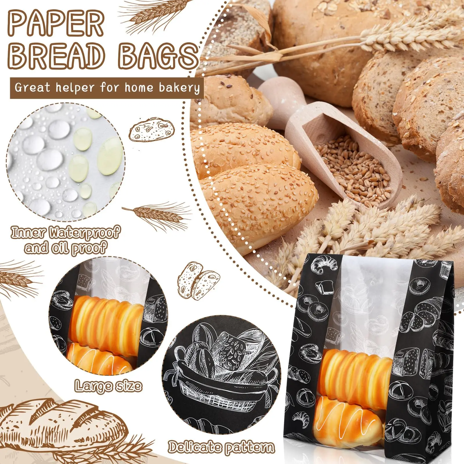 Customized Logo Design Print Greaseproof Kraft Treat Bakery Packaging Paper Bread Bag with Plastic Clear Window