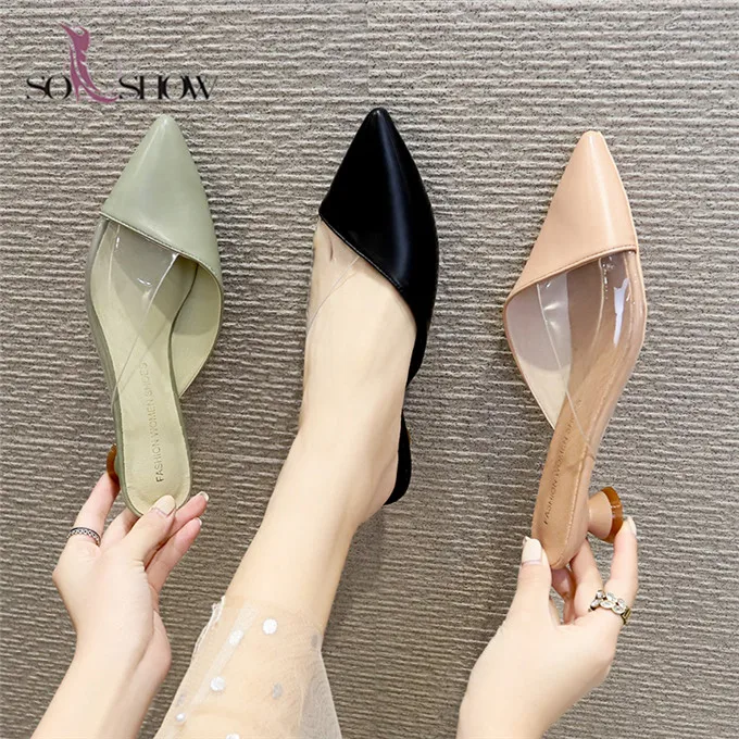 Custom logo slide slippers mid heel girls leather pointed toe sandals for women and ladies