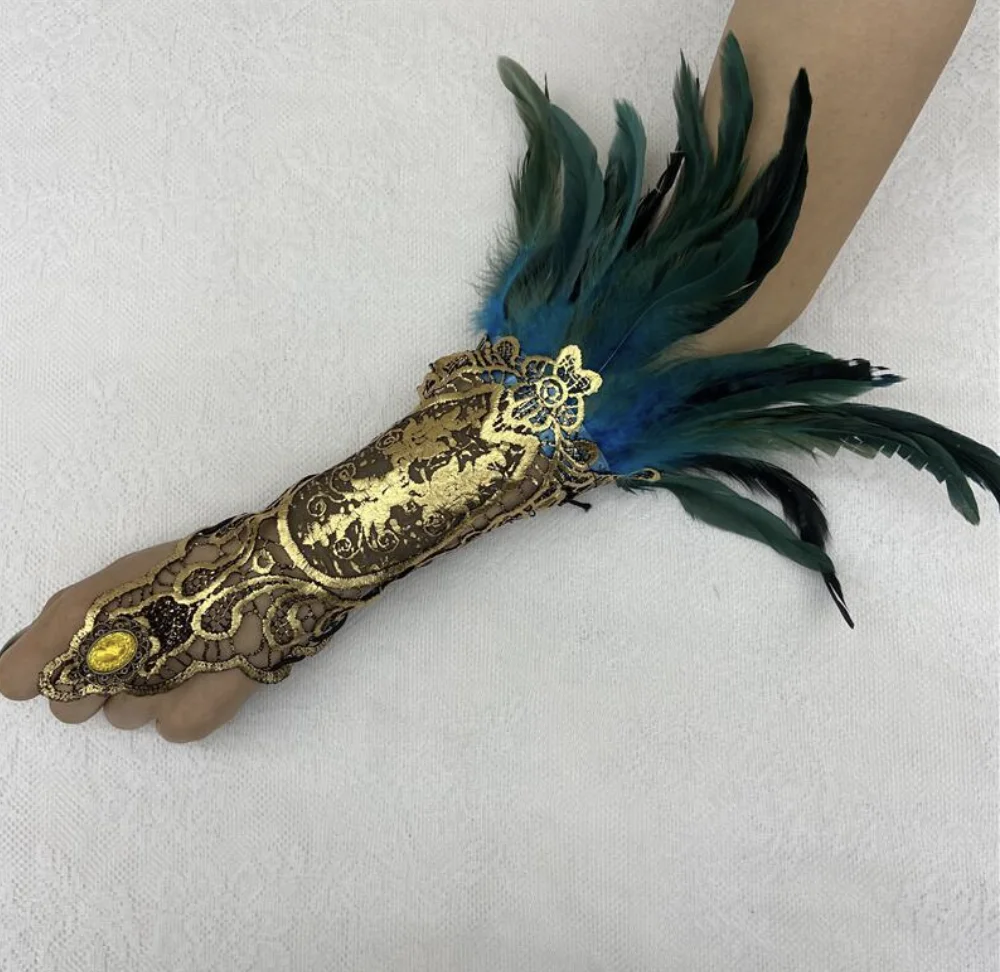 ZSY Halloween feather bracelet Gothic style feather gloves hollowed out gold lace gloves Clothing and Accessories