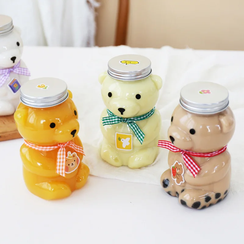 JIMI Empty 500 ml Plastic PET Milk Tea Juice Beverage Bear Cup Bottle for Drinking With Cap And Straps