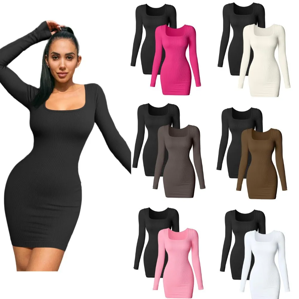 bodycon dress women Elegant Maxi Length Long Sleeve Square Collar High Stretch Bodycon Pullover Casual Dresses