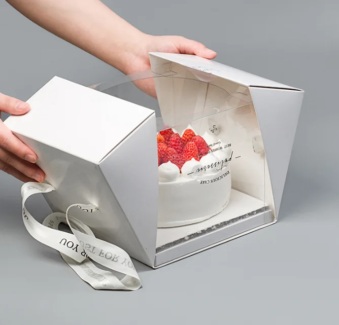 Luxury Front Clear Window Gift Box Custom Rigid Cardboard Baking Packaging Mini Cake Box With Ribbon Handle