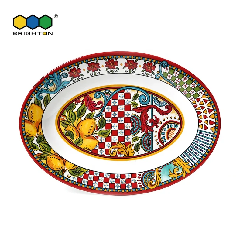 Dishwasher safe and rich hand painted printing 100% melamine 16 inch serving platter oval trays for dinnerware sets