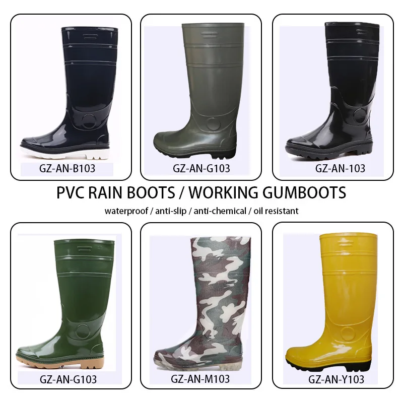 Factory Wholesale Gunboots Black Waterproof Oil Acid Alkali Resistant Anti Slip Lightweight  Glitter Mens Pvc Rain Boots