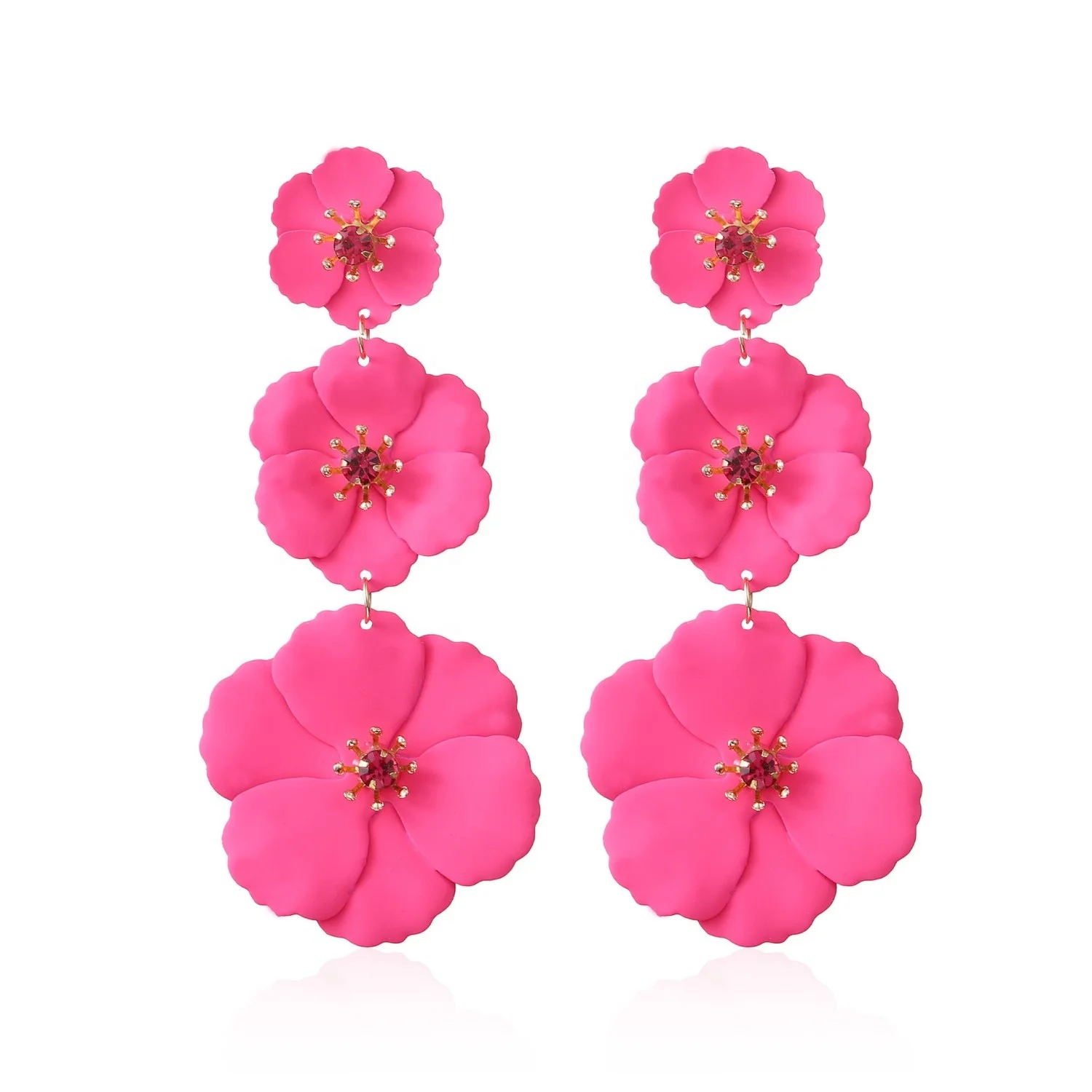 Luxury Women Floral Dangle Earrings Fashion Rhinestone Ear Studs Colorful Three Flower Earrings