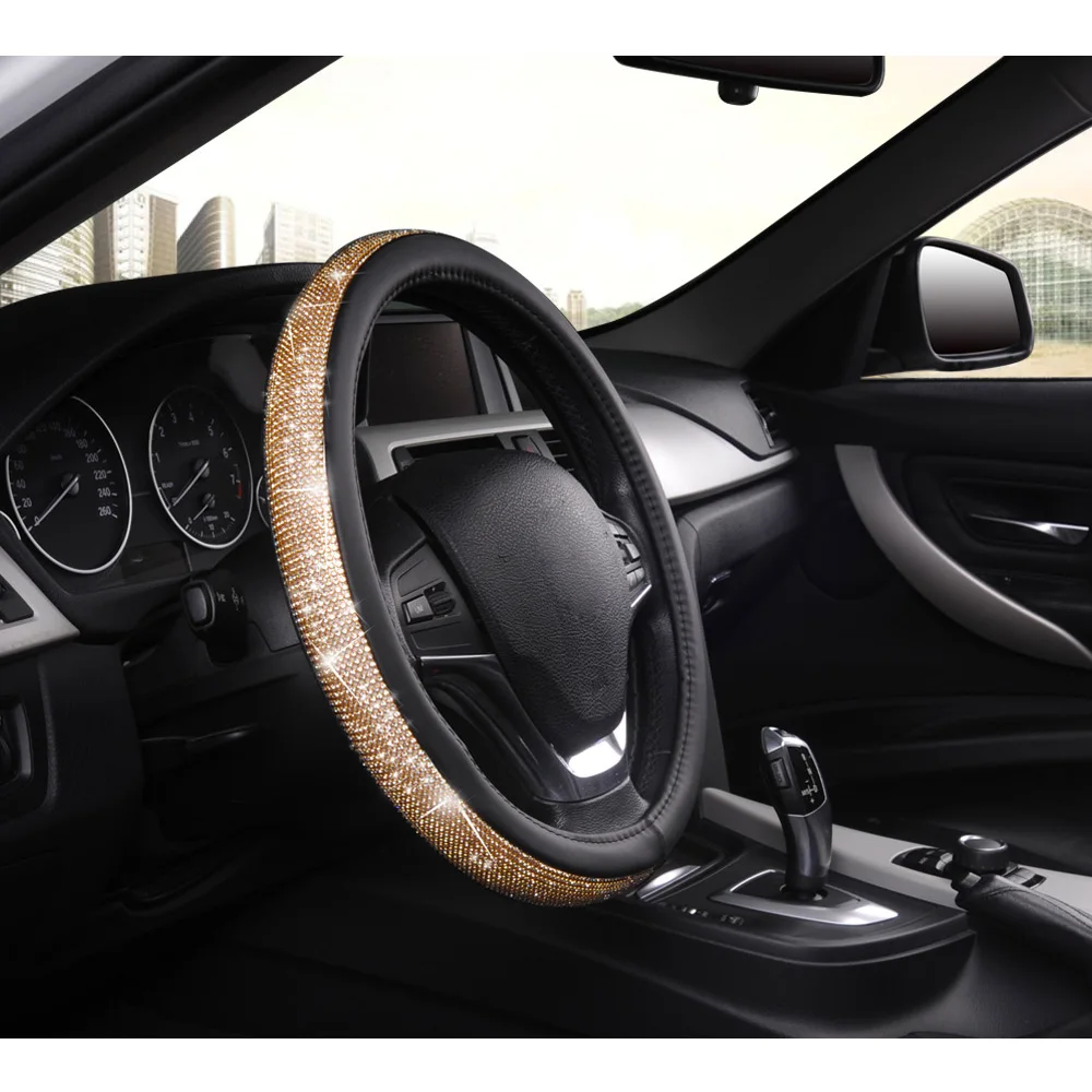 Роскошный кожаный чехол на руль со стразами золотого и серебряного цвета для автомобилей
