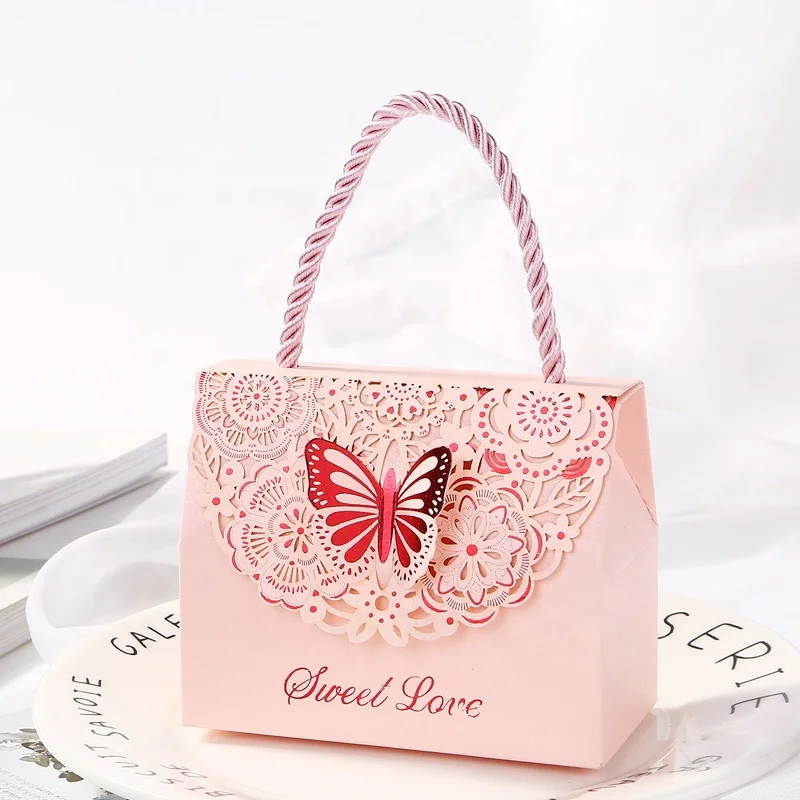 OEM Golden Mini Pink Recycle Butterfly Candy Chocolate Thank You Wedding Birthday Party Favor Gift Bag Tote Box For Suitcase