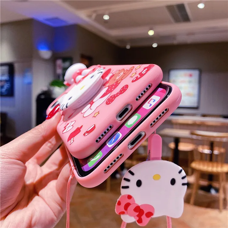 High Quality TPU Cute Kitty with Holder and Lanyard for casing iphone 14 promax
