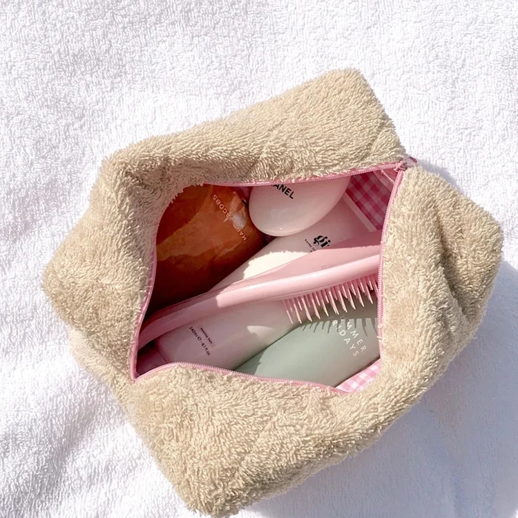 Custom Size Eco Friendly Terry Cloth Towel Women travel cosmetic bag Pink Quilting Terry Cotton Makeup Pouch