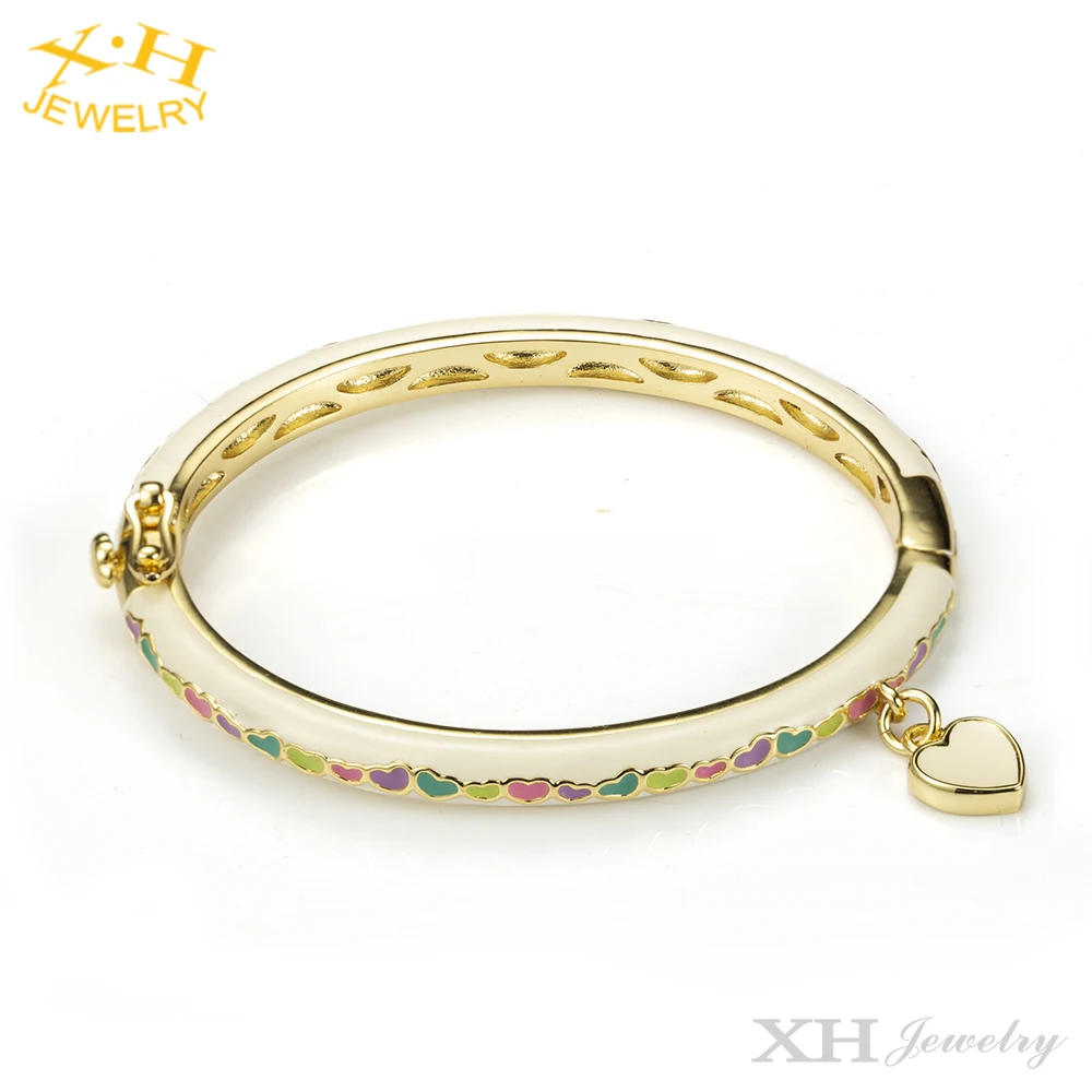 High Quality Kids Jewelry Colorful Love Heart Flower Enamel Brass Bangle Gold Plating
