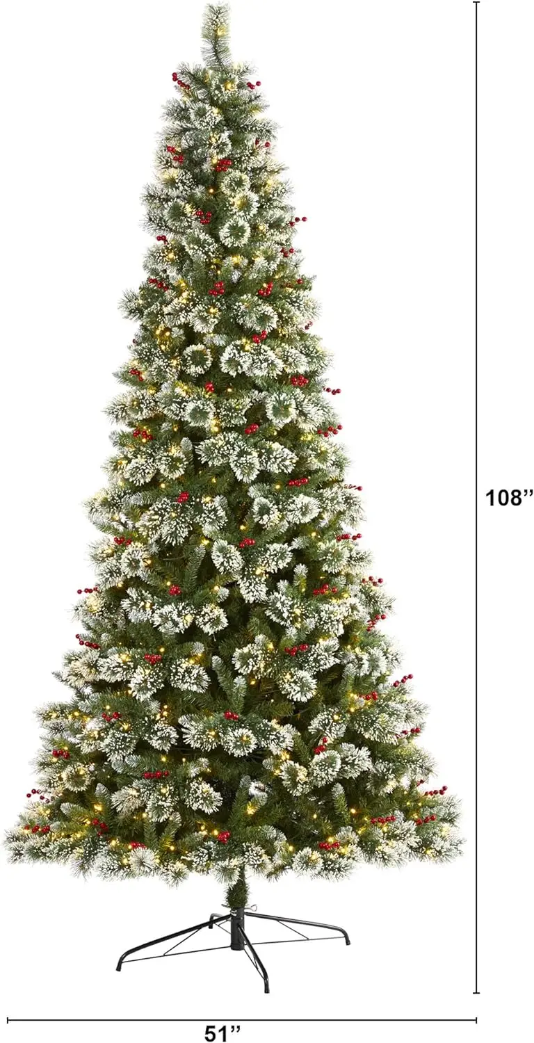 9ft. Hot Selling  Slim Frosted Swiss Pine Artificial Christmas Tree with 700 Clear LED Lights and Berries