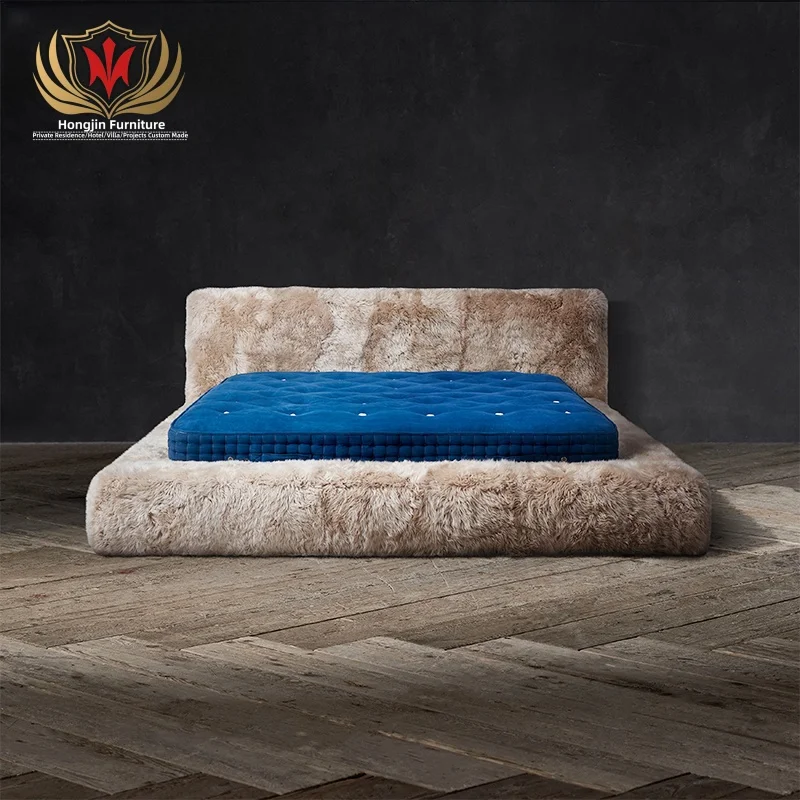 HJ HOME Postmodern Luxury Bedroom Furniture Solid pine Wood frame Sheepskin Platform King Size Bed For Villa bedroom