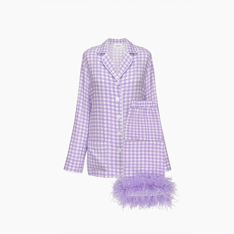 Wholesale Women Purple Checked Pattern Long Sleeve Top&Pants Matching Set Ostrich Feather Trim Cotton Party Pajamas Set
