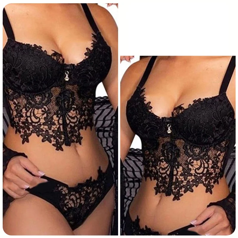 High Quality Lace Bralette Black Embroidered Two Piece Lingerie Bra and Panties Set for Women
