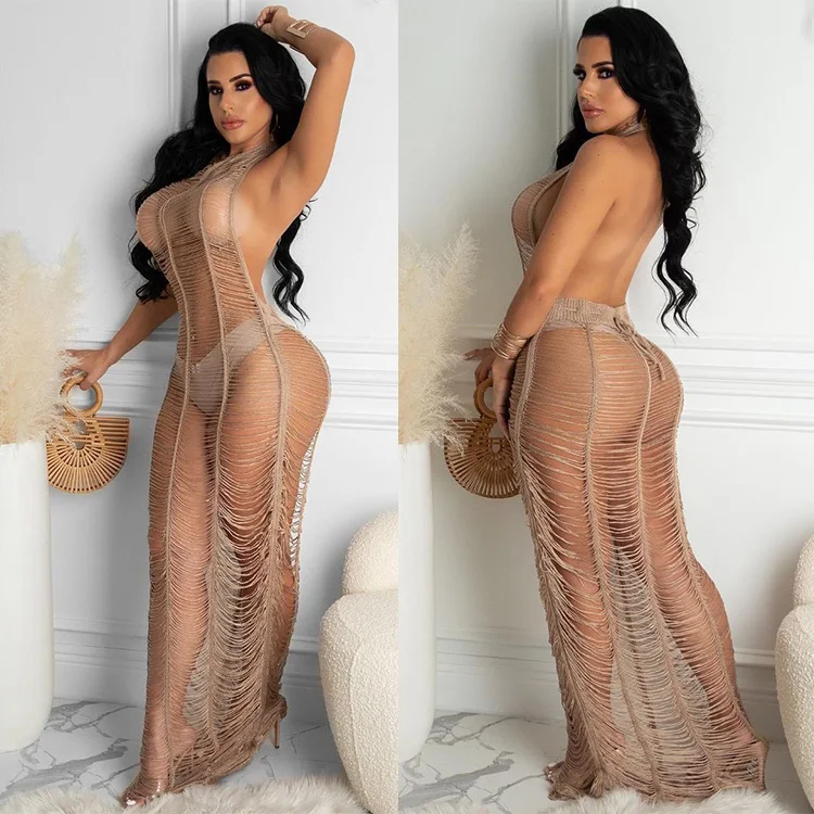 Boho Mesh Stacked Maxi Long Dress See Through Backless Spaghetti Strap Female Clubwear Knit Sexy Bodycon Casual Dresses Women