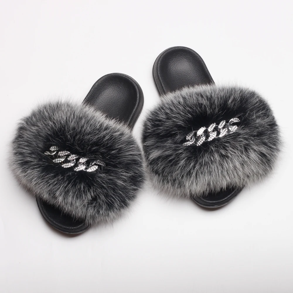 
Fox Sandals Furry Fur Slippers Fluffy Flip Flops Diamond Chain Fur Slides For Women Ladies 