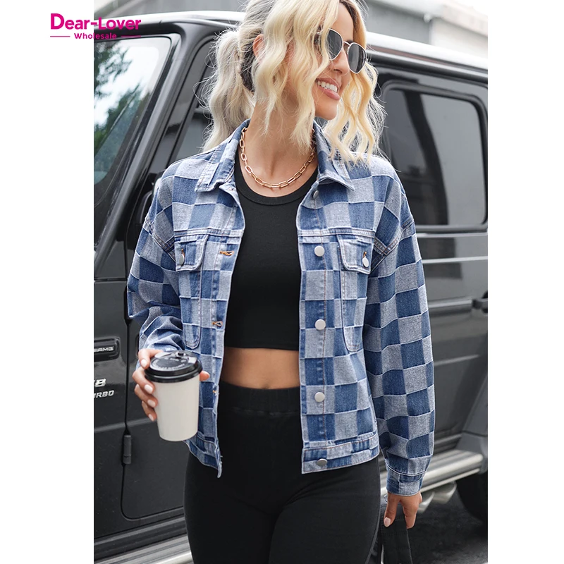 Dear-Lover Western Trending Fashion Women Light Blue Checkered Patchwork Button up Denim Jacket
